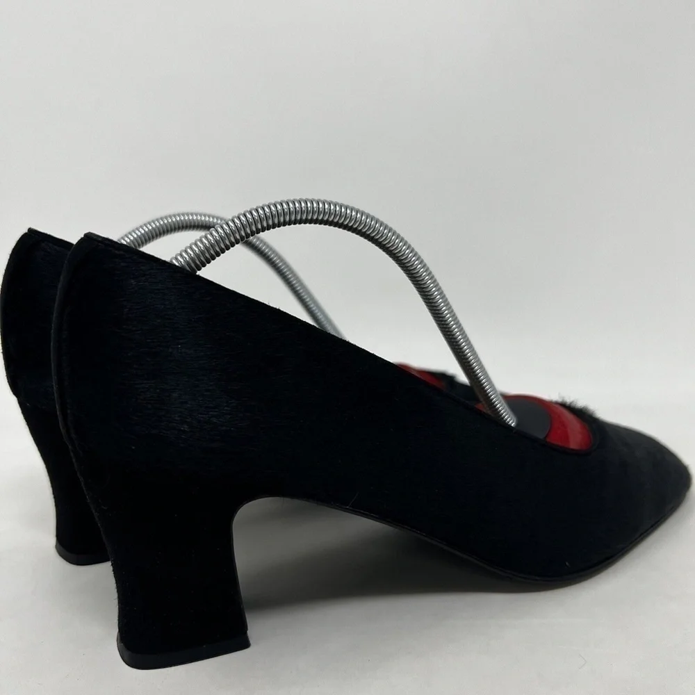 Womens Stuart Weitzman Fur Pumps 9 C Vintage Black Leather Heels Shoes